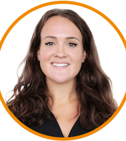 Portrait photo of smiling woman with long brown hair, white background and orange circular border