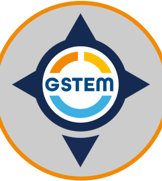 GSTEM circular logo with compass points, orange outer ring and blue/orange center